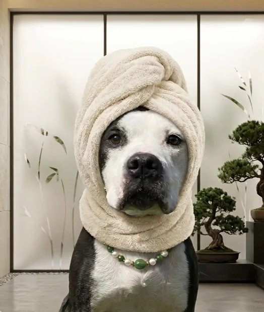 A pampered dog wearing a spa towel wrap and pearl necklace — the picture of luxury pet care